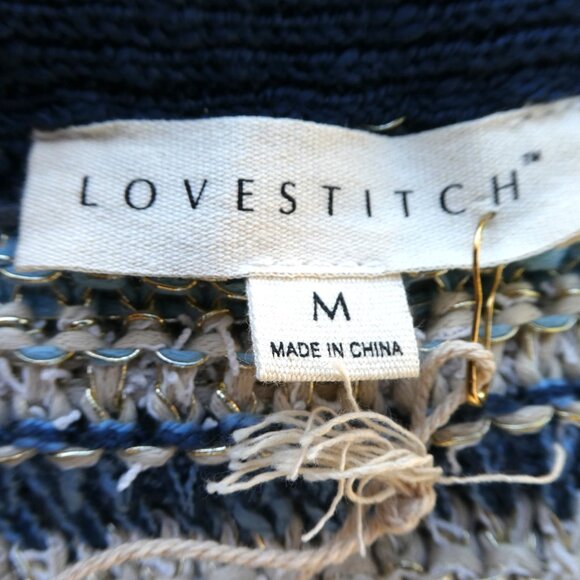 Lovestitch Long Cardigan Open Front OOAK Striped Blue Gold Metallic Drop Sleeve - Picture 9 of 12